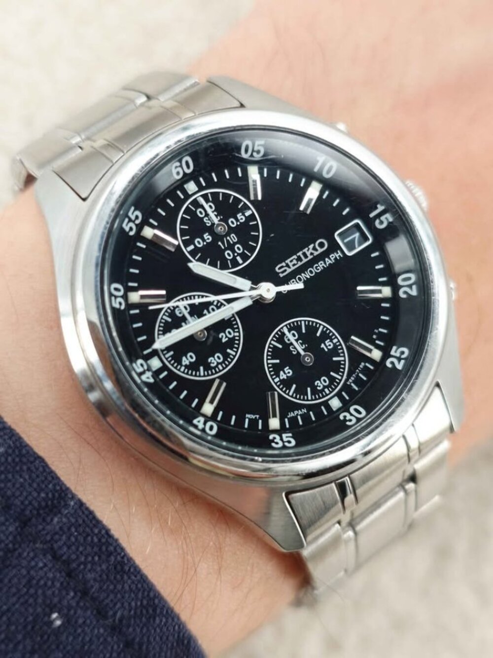 Seiko Chronograph Men's Quartz Watch V657-7100 39mm Black Dial JDM New Battery
